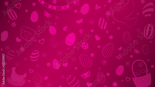 Background of eggs, flowers, cakes, hare, hen, chicken and other Easter symbols in crimson colors