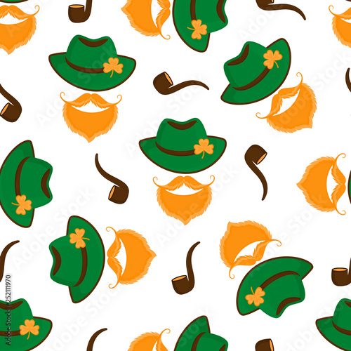 Leprechaun with a red beard and mustache in a green hat with a shamrock and with a smoking pipe seamless pattern. Happy St. Patrick's Day.