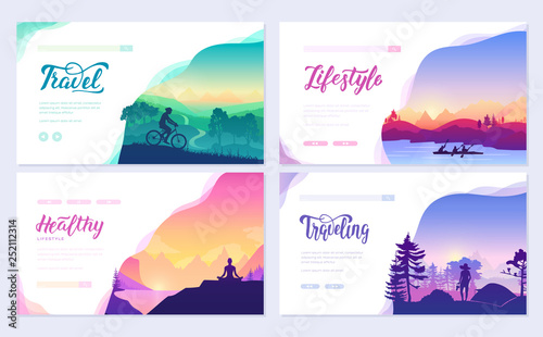 Sport rest day vector brochure cards set.  Tourism on nature template of flyer, web banner, ui header, enter site. Invitation concept background. Layout illustration modern slider page