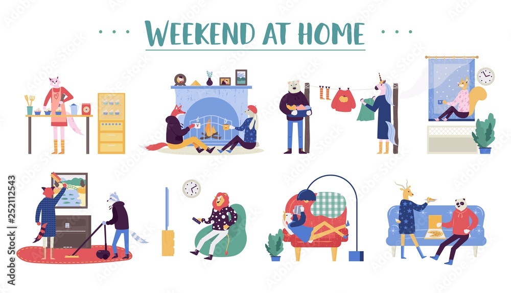 Set of young man and women spending weekend at home. Talk by the fireplace, cook together food, wash things, clean the apartment, watch TV, read a book and eat together pizza concepts in cartoon style