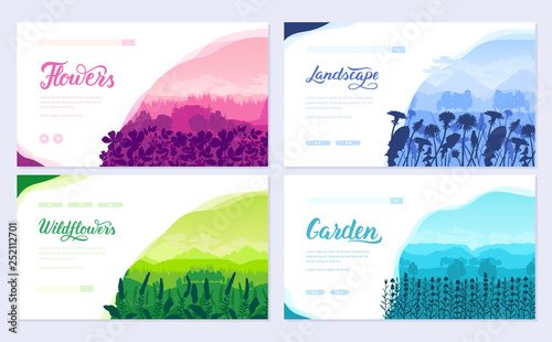 Beautiful flowers on the mountainside vector brochure cards set. Summer nature template of flyear, magazines, poster, books, banners. Flora on hill invitation concept. Layout modern