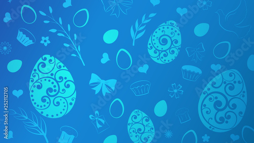 Background of eggs, flowers, cake, gift box and other Easter symbols in light blue colors