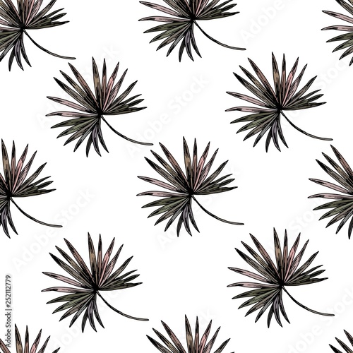 Seamless pattern with tropical leaves. Hand drawn vector on white background.