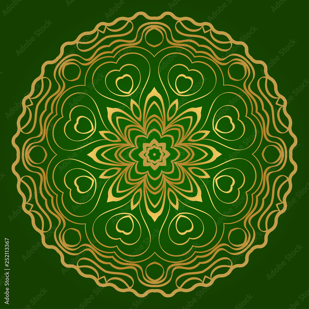 Traditional Ornamental Floral Mandala. Vector Illustration. For Coloring Book, Greeting Card, Invitation, Tattoo. Anti-Stress Therapy Pattern. Green gold color