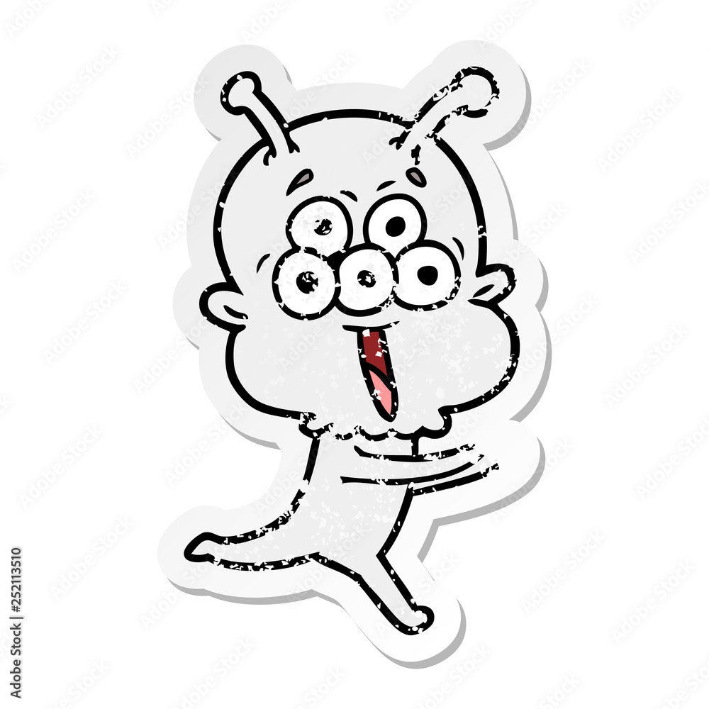 distressed sticker of a happy cartoon alien running