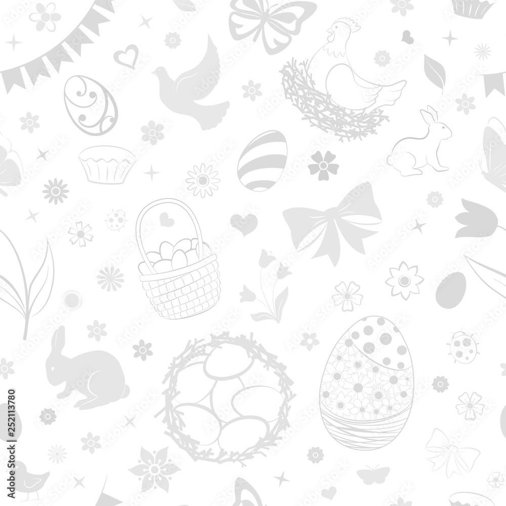 Seamless pattern of eggs, flowers, cakes, hare, hen, chicken and other Easter symbols in white and gray colors