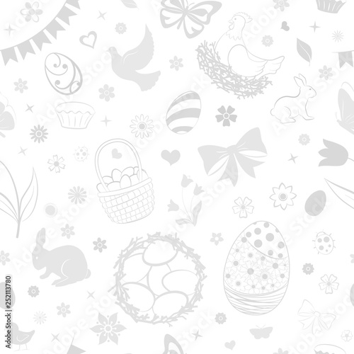 Seamless pattern of eggs, flowers, cakes, hare, hen, chicken and other Easter symbols in white and gray colors