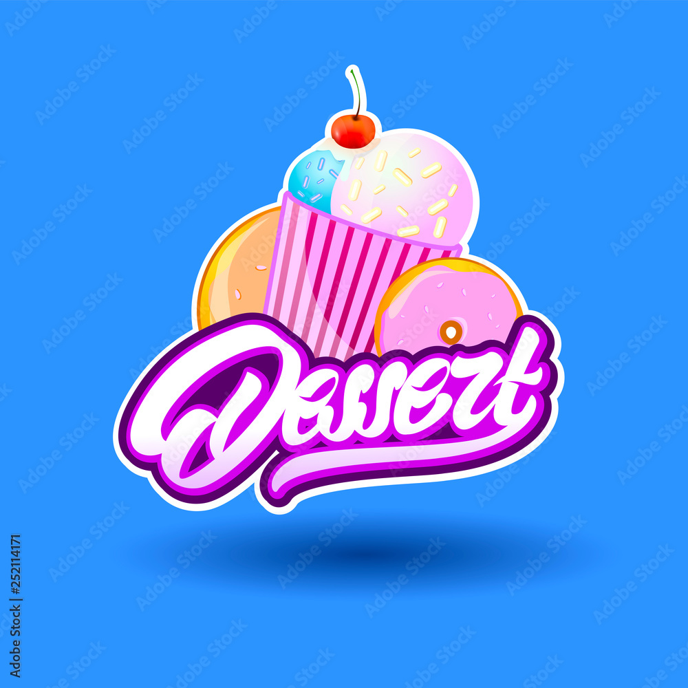 Desert in lettering style with realistic elements . 3d. Doughnuts and ice cream. Vector illustration design Desert in lettering style with realistic elements . 3d. Doughnuts and ice cream. Vector illustration design