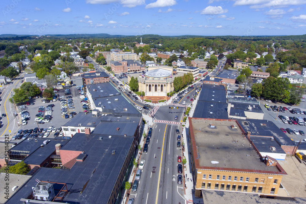 City Hall aerial view in downtown Framingham, Massachusetts, USA.