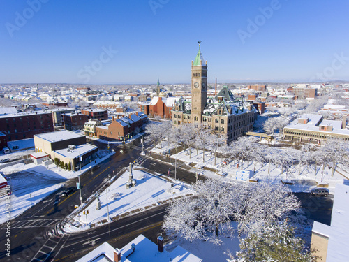 Lowell City Hall and downtown aerial view in downtown Lowell  Massachusetts  USA.