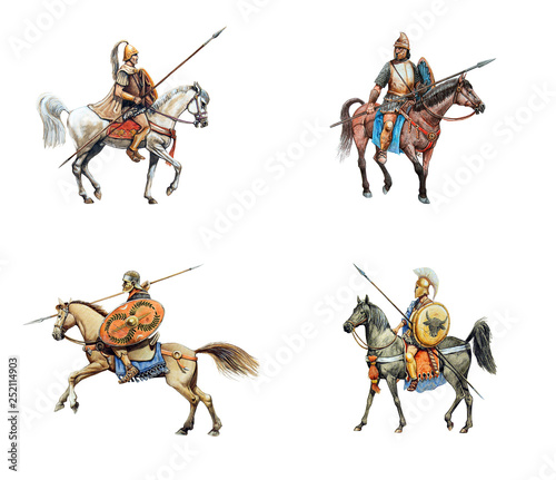 Ancient mounted warriors. Set of 4 isolated historical illustration.