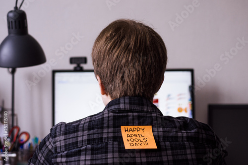 1 april fools day. Funny day. April fish. Prank. Inscriptions on the back. Stickers with jokes. Tric at work. Fun colleagues.Back with sticker