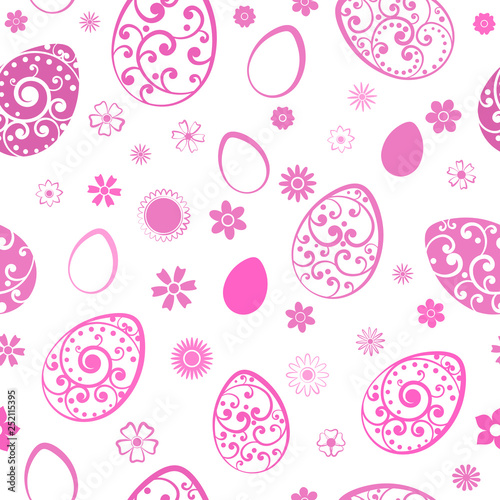 Seamless pattern of Easter eggs and flowers, pink on white