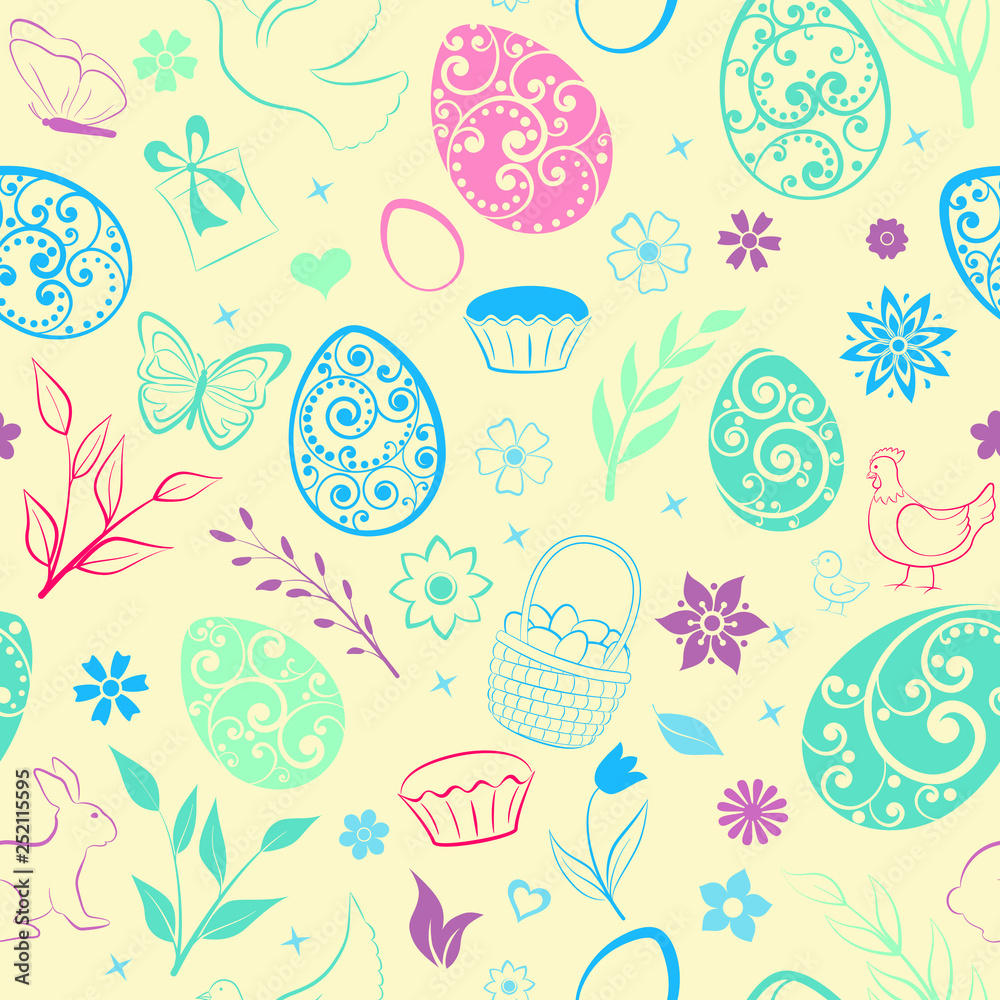 Seamless pattern of eggs, flowers, cakes, hen, chicken and other Easter symbols, multicolored on beige