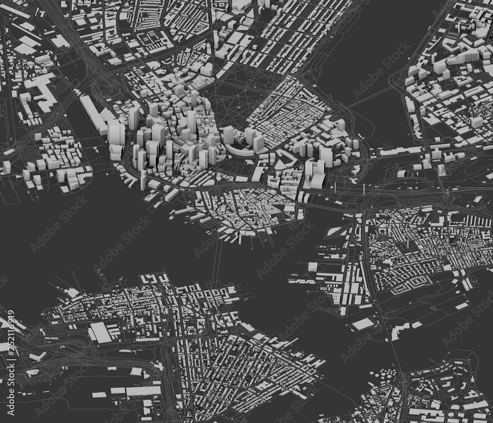 Satellite view of Boston, map of the city with house and building. Skyscrapers. Usa. 3d rendering