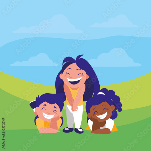 happy kids group in the camp interracial characters