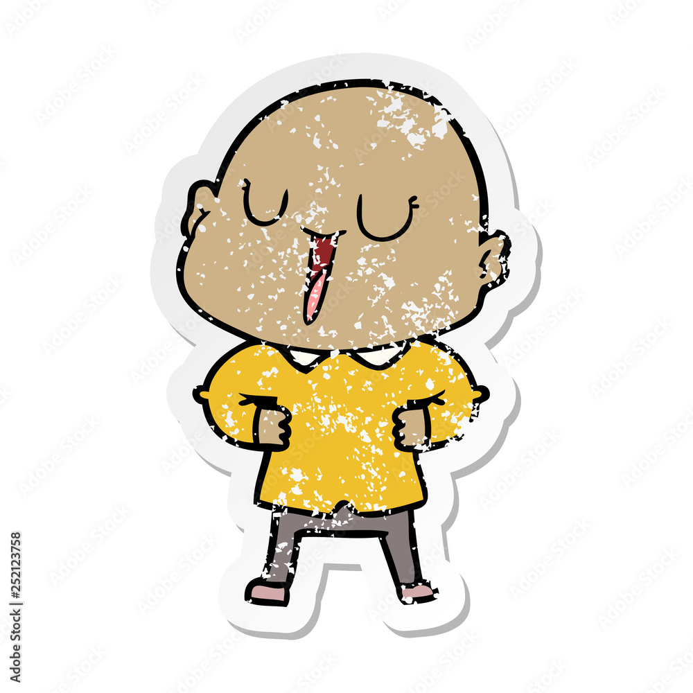 distressed sticker of a happy cartoon bald man