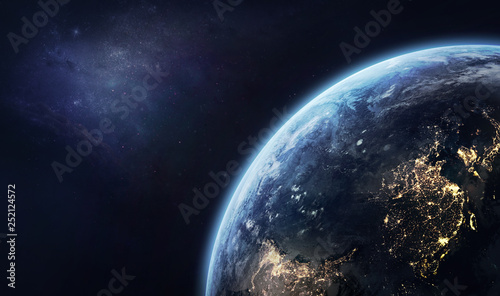 Planet Earth sphere with day and night. Civilization. Space wallpaper. Elements of this image furnished by NASA 