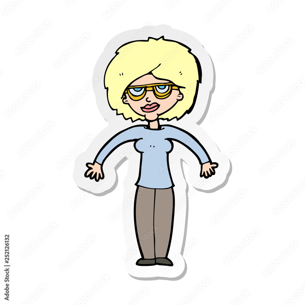 sticker of a cartoon woman shrugging shoulders sticker of a cartoon woman shrugging shoulders