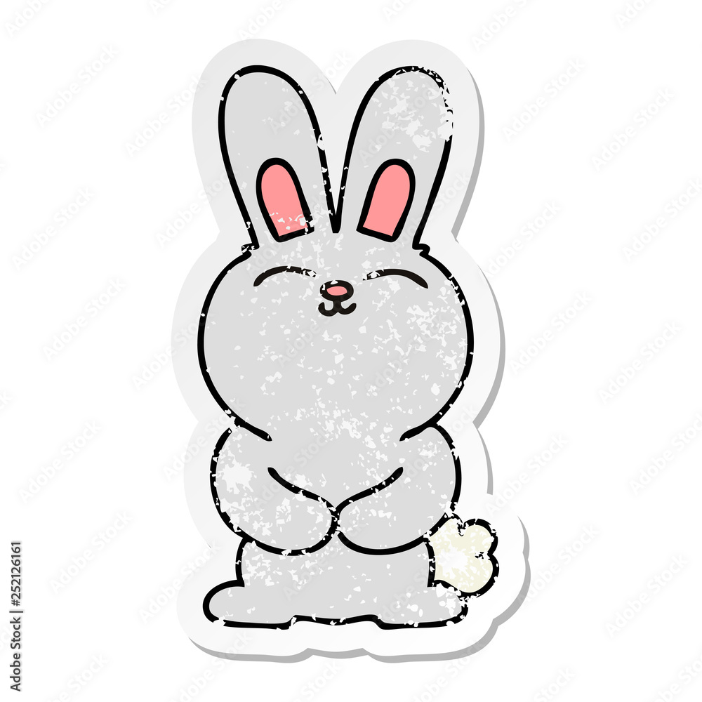 distressed sticker of a quirky hand drawn cartoon rabbit