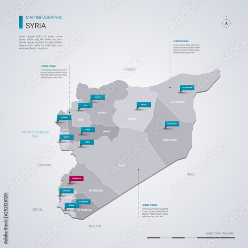 Syria vector map with infographic elements, pointer marks.