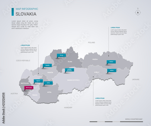 Slovakia vector map with infographic elements, pointer marks.
