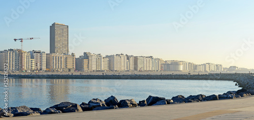 Panoramic view on skyline and coastline in Ostend, Belgium on a sunny winter evening