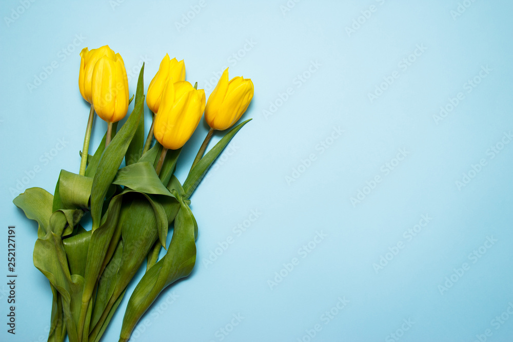 Naklejka premium Bouquet of yellow tulips on a blue background