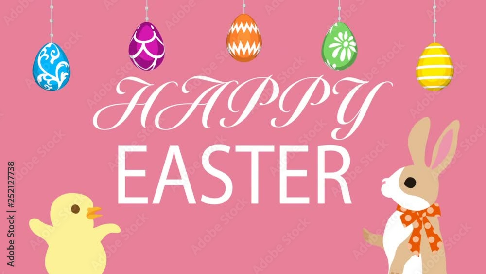Easter greeting animation, Bunny talking with Chick, Hanging eggs, motion Graphics - pink colored background Easter greeting animation, Bunny talking with Chick, Hanging eggs, motion Graphics - pink colored background