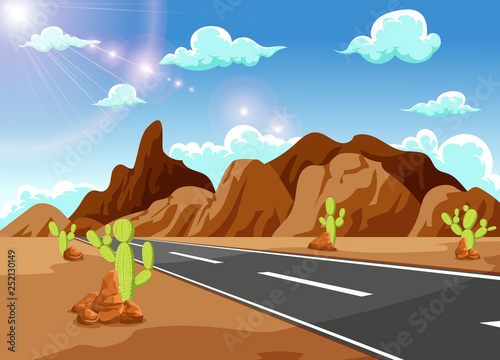 Long straight road leading to the mountains far away