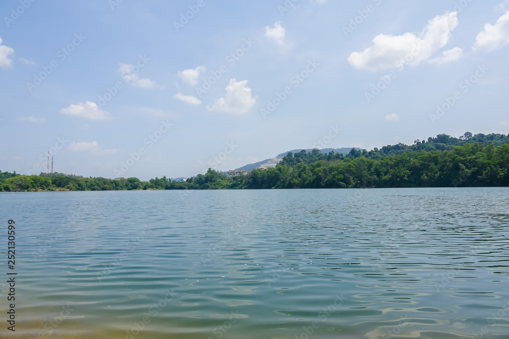 Scenic view of lakeshore during bright day. Selective focus. Scenic view of lakeshore during bright day. Selective focus.