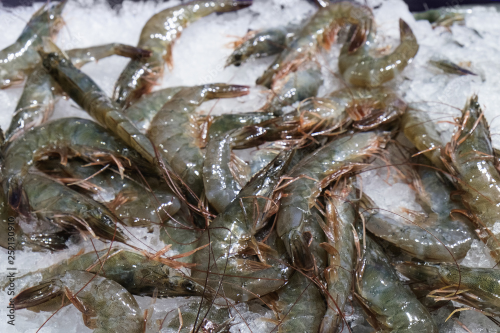 Fresh raw shrimps on ice for sale at the seafood and fish market in Thailand. Food background. Food ingredients. Fresh raw shrimps on ice for sale at the seafood and fish market in Thailand. Food background. Food ingredients.
