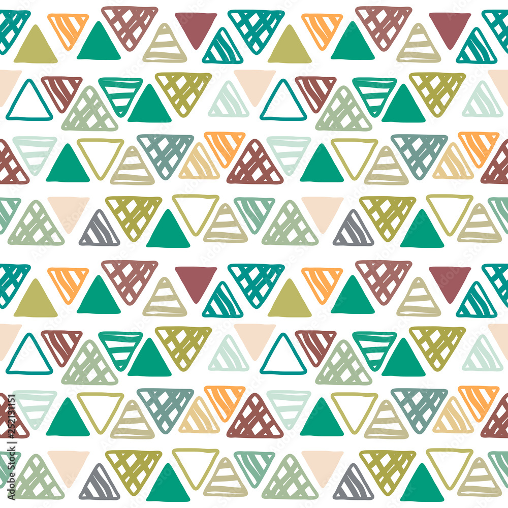 Seamless pattern of doodle triangles on white background. Ethnic seamless pattern. Tribal background. Infinity hand drawn geometric pattern. Vector illustration. Seamless pattern of doodle triangles on white background. Ethnic seamless pattern. Tribal background. Infinity hand drawn geometric pattern. Vector illustration.