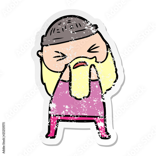 distressed sticker of a cartoon man with beard