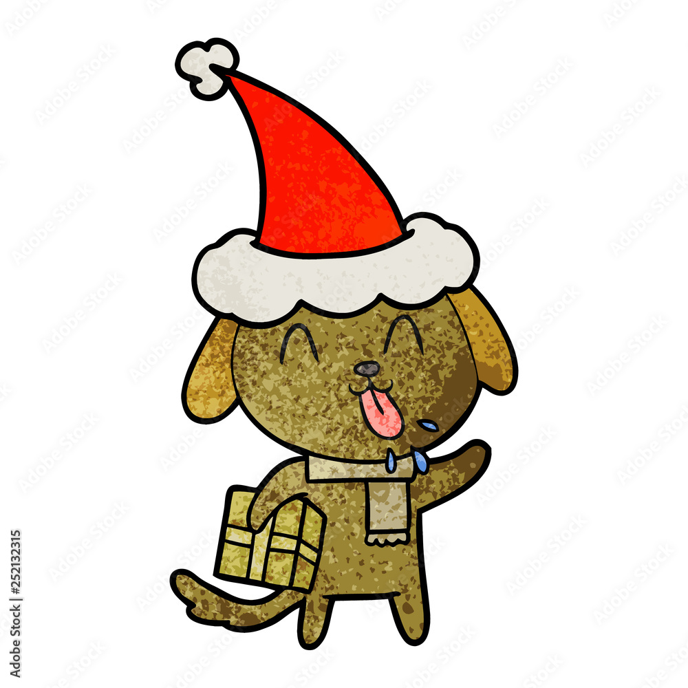 cute textured cartoon of a dog with christmas present wearing santa hat cute textured cartoon of a dog with christmas present wearing santa hat