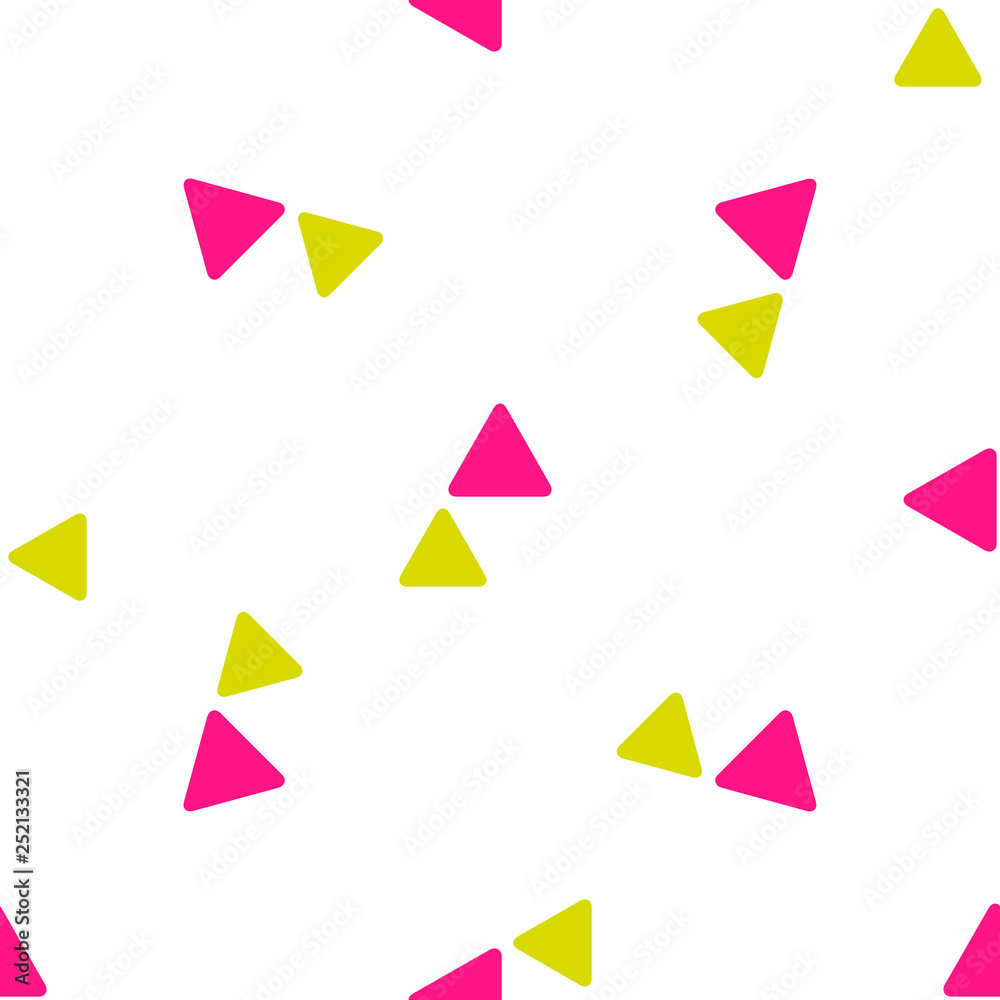 Seamless pattern with messy cute triangles with round corners, triangular geometrical shapes. Colorful chaotic geometric ornament on white background. Vector illustration. Seamless pattern with messy cute triangles with round corners, triangular geometrical shapes. Colorful chaotic geometric ornament on white background. Vector illustration.