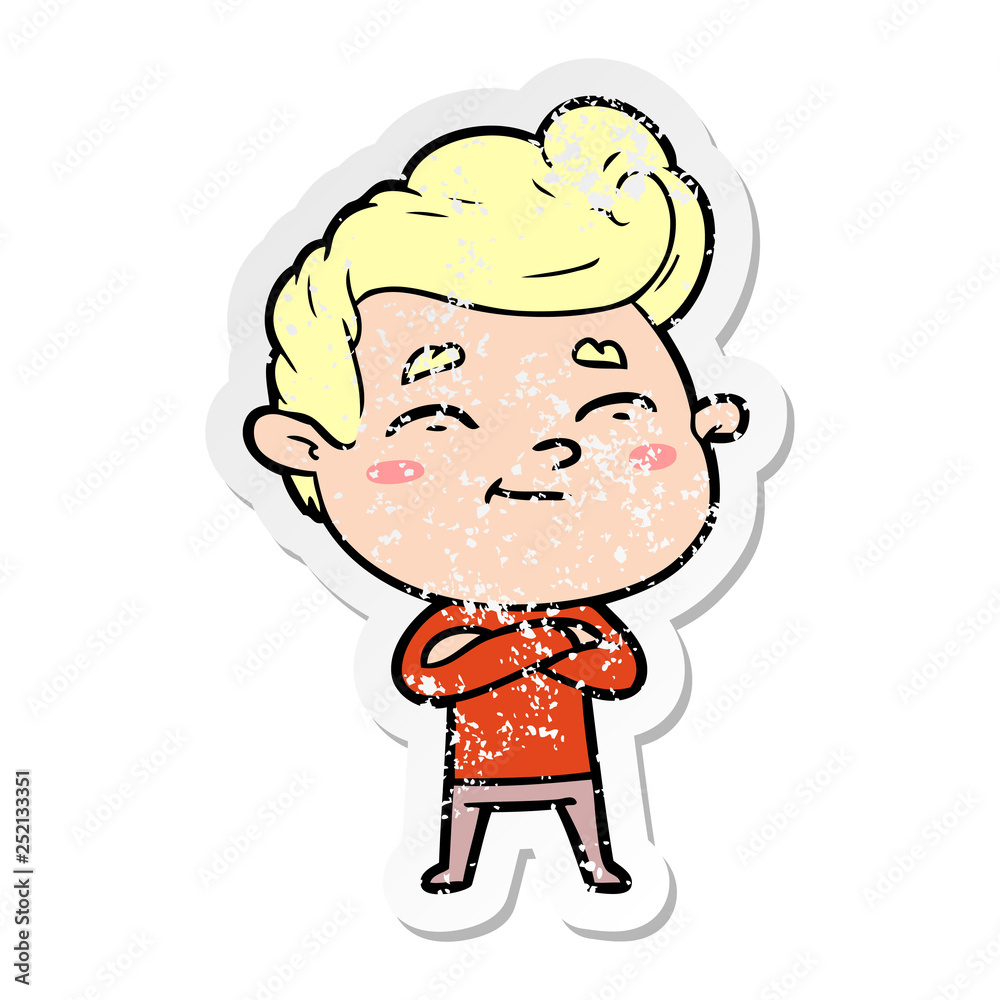 distressed sticker of a happy cartoon man distressed sticker of a happy cartoon man