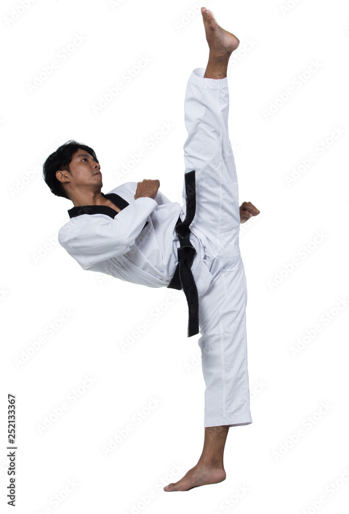 Master Black Belt TaeKwonDo handsome man instructor Teacher fighter show hit pose, studio lighting white background isolated. White formal fighting suit, motion blur hand foots on taekwondo post. Master Black Belt TaeKwonDo handsome man instructor Teacher fighter show hit pose, studio lighting white background isolated. White formal fighting suit, motion blur hand foots on taekwondo post.
