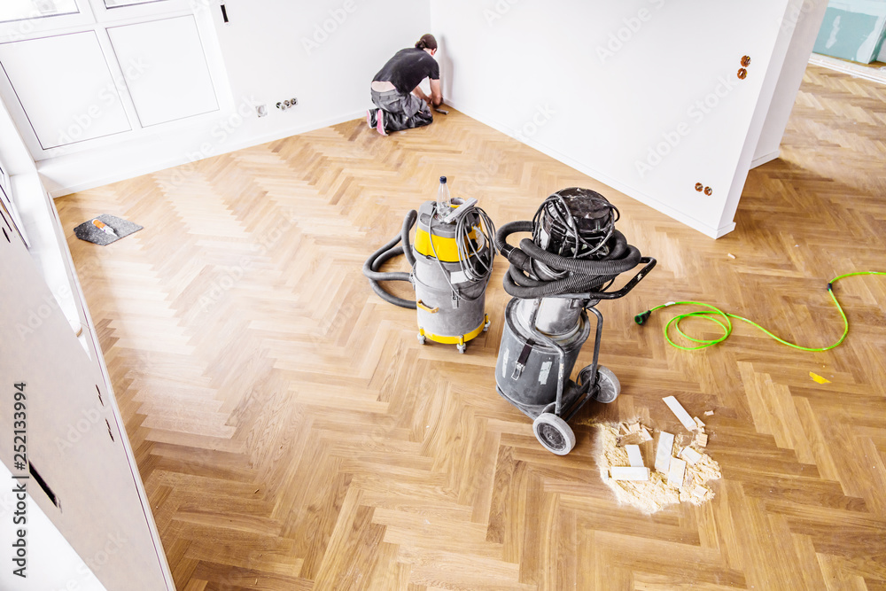 Building site. view from above on parquet floor. to lay parquet. - obrazy, fototapety, plakaty 