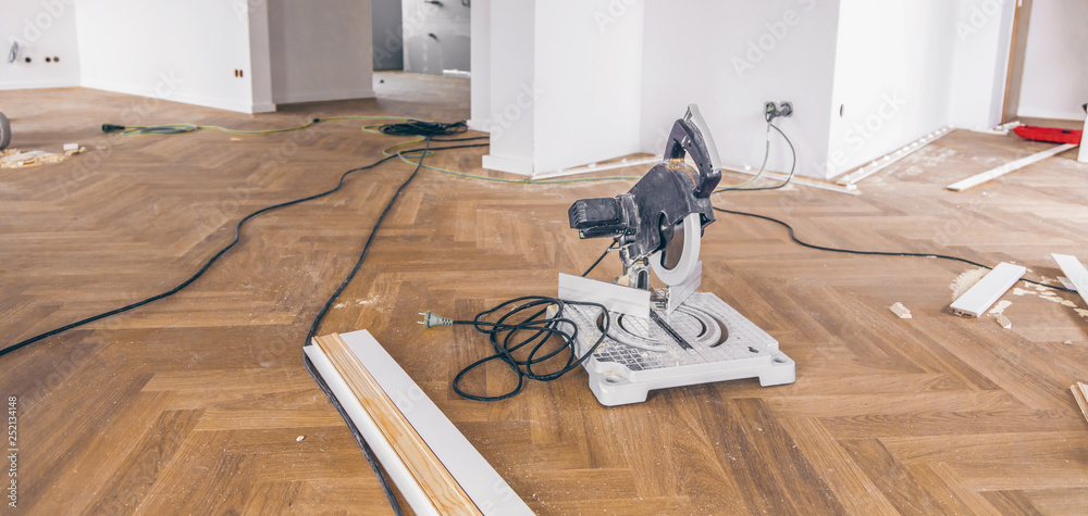 Building site. view from above on parquet floor. to lay parquet. - obrazy, fototapety, plakaty 