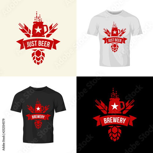Modern craft beer drink vector logo sign for bar, pub, store, brewhouse or brewery isolated on t-shirt mock up. Premium quality mug logotype illustration set. Brewing fest fashion badge design bundle.