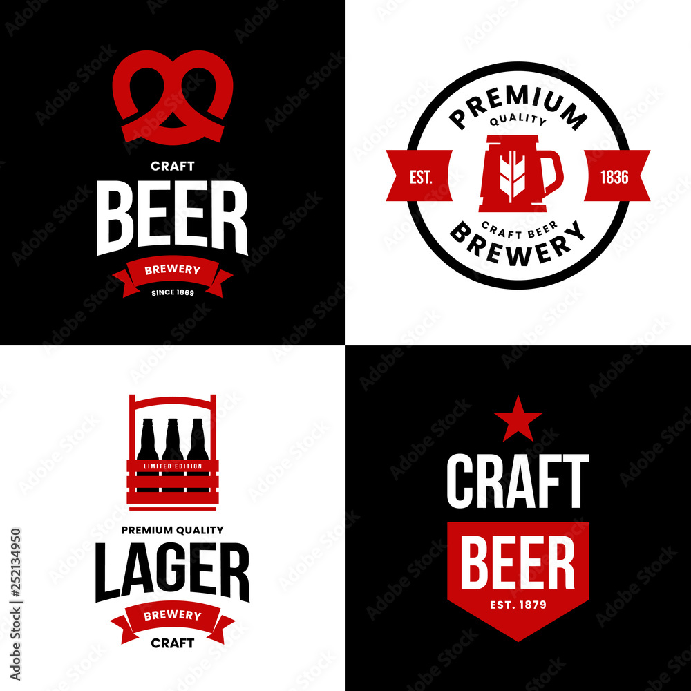 Modern craft beer drink isolated vector logo sign for bar, pub, store, brewhouse or brewery. Premium quality box, mug and pretzel logotype illustration set. Brewing fest t-shirt badge design bundle.