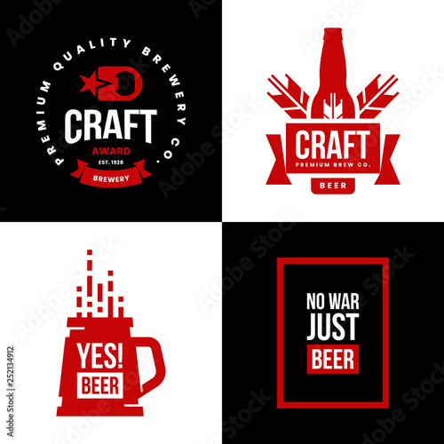 Modern craft beer drink isolated vector logo sign for bar, pub, store, brewhouse or brewery. Premium quality mug, opener and bottle logotype illustration set. Brewing fest t-shirt badge design bundle.