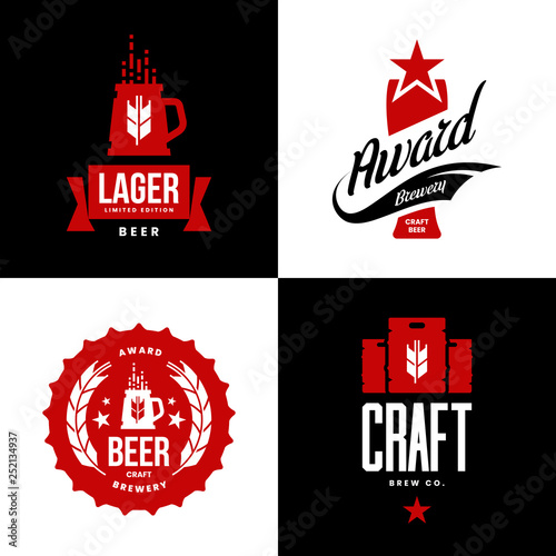 Modern craft beer drink isolated vector logo sign for bar, pub, store, brewhouse or brewery. Premium quality keg, mug and glass logotype illustration set. Brewing fest t-shirt badge design bundle.
