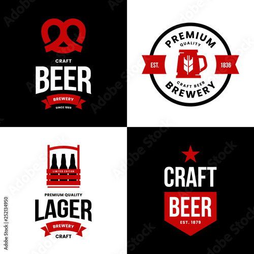 Modern craft beer drink isolated vector logo sign for bar, pub, store, brewhouse or brewery. Premium quality box, mug and pretzel logotype illustration set. Brewing fest t-shirt badge design bundle.