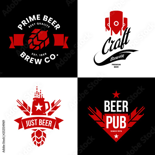 Modern craft beer drink isolated vector logo sign for bar, pub, store, brewhouse or brewery. Premium quality manufacturing and hop logotype illustration set. Brewing fest t-shirt badge design bundle.