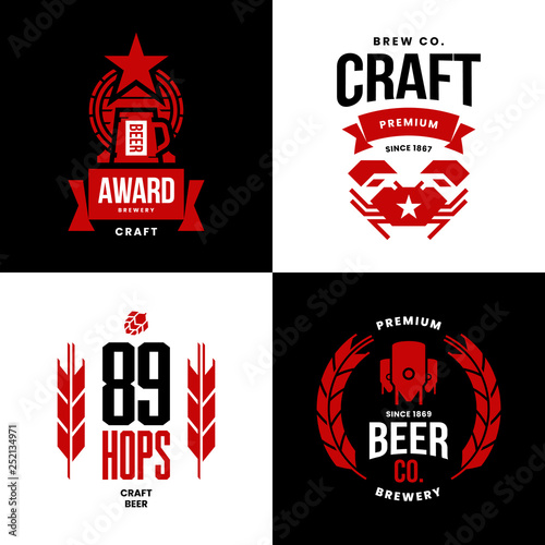 Modern craft beer drink isolated vector logo sign for bar, pub, store, brewhouse or brewery. Premium quality manufacturing and crab logotype illustration set. Brewing fest t-shirt badge design bundle.
