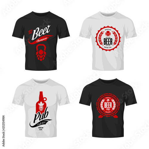 Modern craft beer drink vector logo sign for bar, pub, store, brewhouse or brewery on t-shirt mock up bundle. Premium quality hop, barrel, bottle logotype illustration set. Brewing fest badge design.