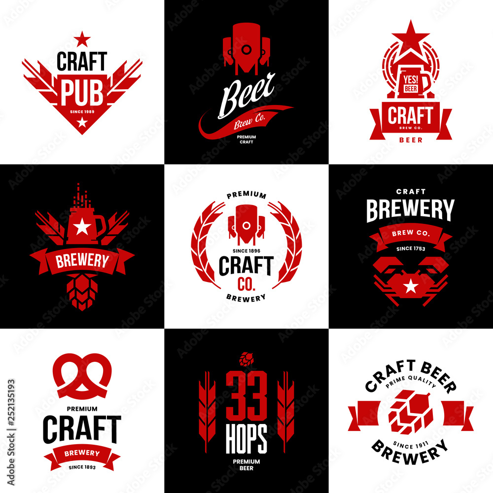 Modern craft beer drink isolated vector logo sign for bar, pub, store, brewhouse or brewery. Premium quality crab, pretzel logotype emblem illustration set. Brewing fest t-shirt badge design bundle.