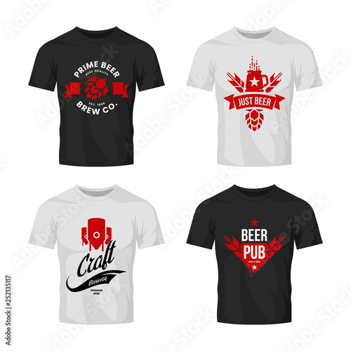 Modern craft beer drink vector logo sign for bar, pub, store, brewhouse or brewery on t-shirt mock up bundle. Premium quality mug, manufacturing logotype illustration set. Brewing fest badge design.